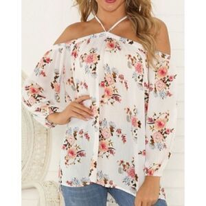 andthewhy Boho Floral White Halter Tunic Top